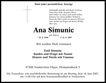 Traueranzeige von Ana Simunic von Tageszeitung