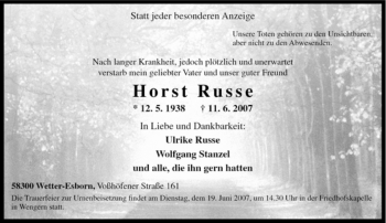 Traueranzeige von Horst Russe von Tageszeitung