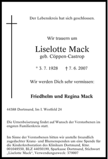 Traueranzeige von Liselotte Mack von Tageszeitung