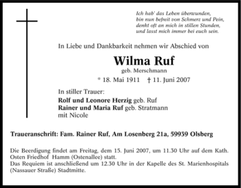 Traueranzeige von Wilma Ruf von Tageszeitung