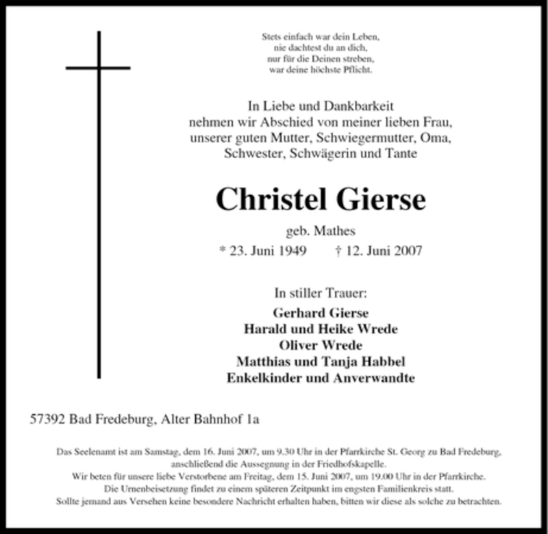 Traueranzeige für Christel Gierse vom 14.06.2007 aus Tageszeitung