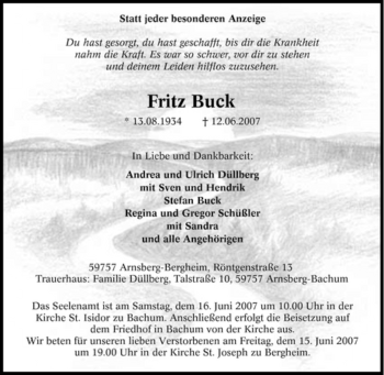 Traueranzeige von Fritz Buck von Tageszeitung