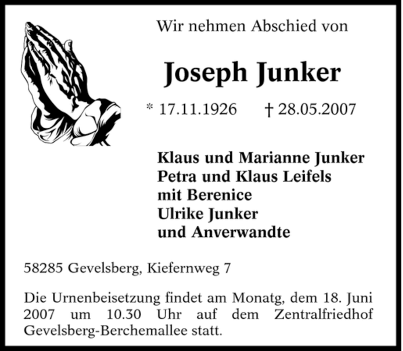 Traueranzeigen von Joseph Junker TrauerinNRW.de