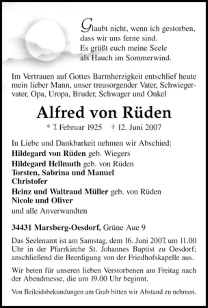  Traueranzeige für Alfred von Rüden vom 14.06.2007 aus Tageszeitung