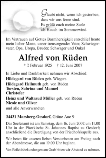 Traueranzeige von Alfred von Rüden von Tageszeitung
