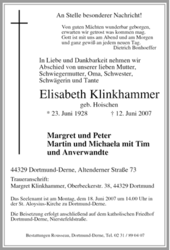Traueranzeige von Elisabeth Klinkhammer von Tageszeitung