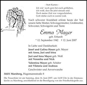 Traueranzeige von Emma Mayer von Tageszeitung