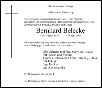 Traueranzeige von Bernhard Belecke von Tageszeitung