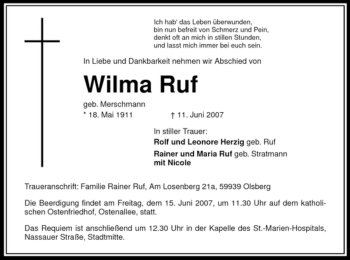 Traueranzeige von Wilma Ruf von Tageszeitung