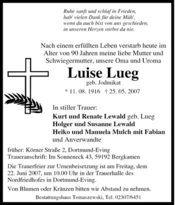 Traueranzeige von Luise Lueg von Tageszeitung