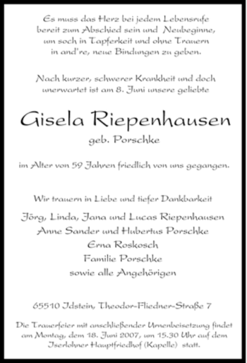 Traueranzeige von Gisela Riepenhausen von Tageszeitung