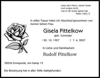 Traueranzeige von Gisela Pittelkow von Tageszeitung