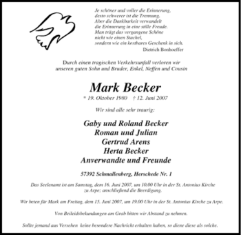 Traueranzeige von Mark Becker von Tageszeitung