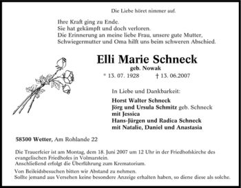 Traueranzeige von Elli Marie Schneck von Tageszeitung