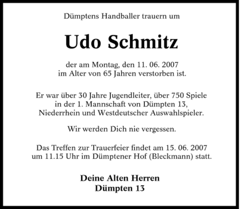  Traueranzeige für Udo Schmitz vom 15.06.2007 aus Tageszeitung