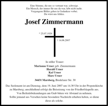 Traueranzeige von Josef Zimmermann von Tageszeitung