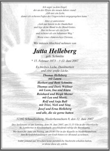 Traueranzeige von Jutta Helleberg von Tageszeitung