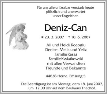 Traueranzeige von Deniz-Can V von Tageszeitung