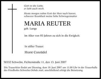 Traueranzeige von Maria Reuter von Tageszeitung
