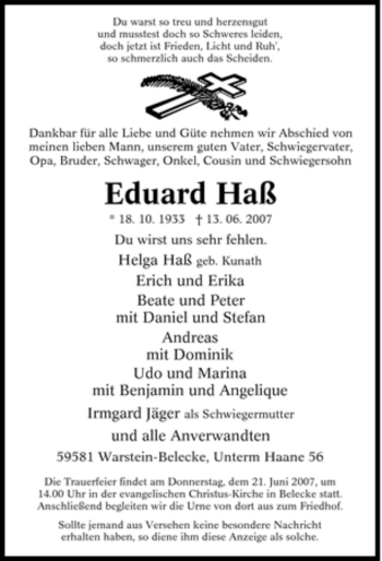 Traueranzeige von Eduard Haß von Tageszeitung