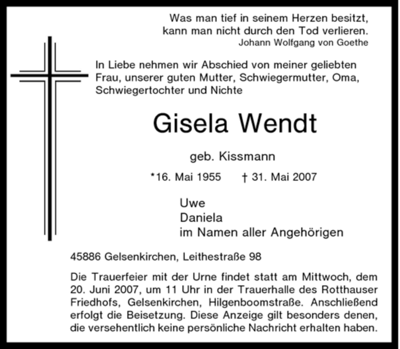  Traueranzeige für Gisela Wendt vom 15.06.2007 aus Tageszeitung