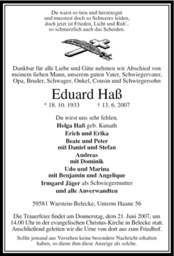 Traueranzeige von Eduard Haß von Tageszeitung