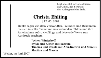 Traueranzeige von Christa Ehlting von Tageszeitung