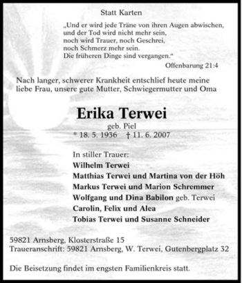 Traueranzeige von Erika Terwei von Tageszeitung