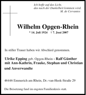 Traueranzeige von Wilhelm Opgen-Rhein von Tageszeitung