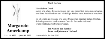 Traueranzeige von Margarete Amerkamp von Tageszeitung