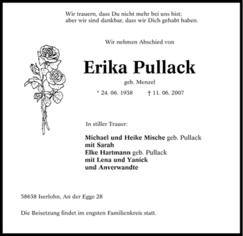 Traueranzeige von Erika Pullack von Tageszeitung