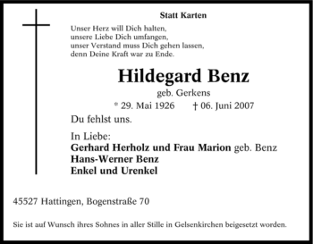 Traueranzeige von Hildegard Benz von Tageszeitung