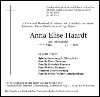Traueranzeige von Anna Elise Haardt von Tageszeitung