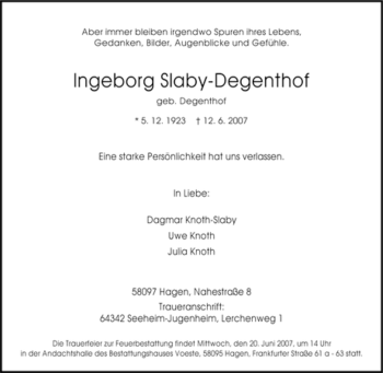 Traueranzeige von Ingeborg Slaby-Degenthof von Tageszeitung