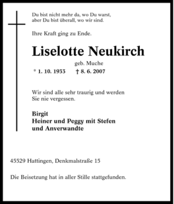 Traueranzeige von Liselotte Neukirch von Tageszeitung