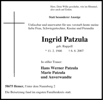 Traueranzeige von Ingrid Patzula von Tageszeitung