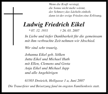Traueranzeige von Ludwig Friedrich Eikel von Tageszeitung
