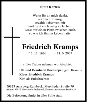 Traueranzeige von Friedrich Kramps von Tageszeitung