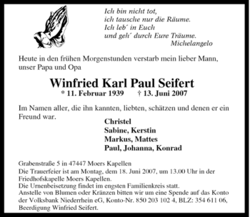 Traueranzeige von Winfried Karl Paul Seifert von Tageszeitung