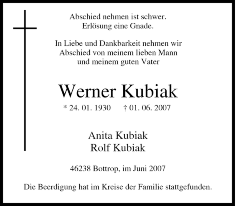  Traueranzeige für Werner Kubiak vom 16.06.2007 aus Tageszeitung
