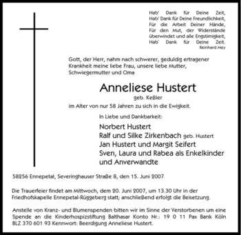 Traueranzeige von Anneliese Hustert von Tageszeitung