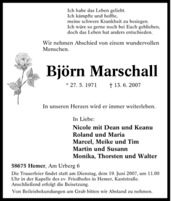 Traueranzeige von Björn Marschall von Tageszeitung