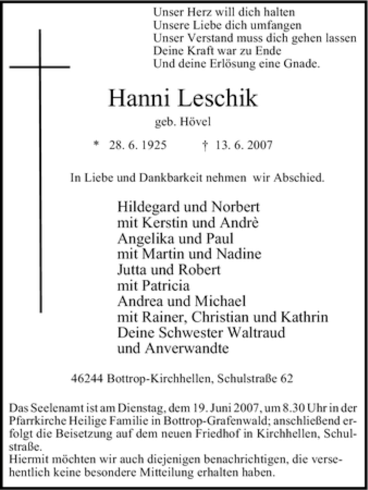  Traueranzeige für Hanni Leschik vom 16.06.2007 aus Tageszeitung