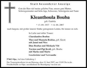 Traueranzeige von Kleanthoula Bouba von Tageszeitung