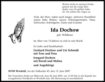 Traueranzeige von Ida Dochow von Tageszeitung