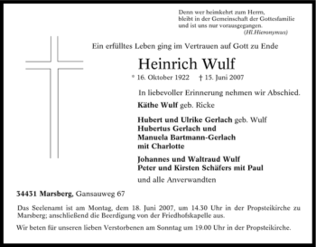 Traueranzeige von Heinrich Wulf von Tageszeitung