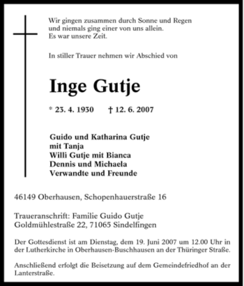 Traueranzeige von Inge Gutje von Tageszeitung