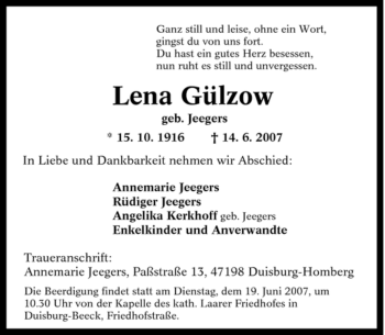 Traueranzeige von Lena Gülzow von Tageszeitung