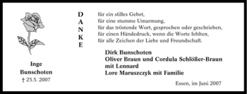 Traueranzeige von Inge Bunschoten von Tageszeitung