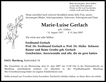 Traueranzeige von Marie-Luise Gerlach von Tageszeitung